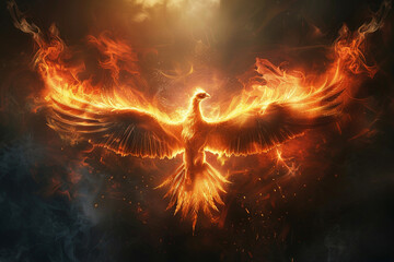 A fiery phoenix rising from the ashes against a dark, smoky backdrop , - obrazy, fototapety, plakaty