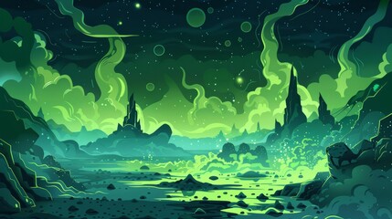 Cartoon illustration of uninhabited green planet with craters and toxic smoke. Space adventure game background with starry night and dangerous vapor. - obrazy, fototapety, plakaty