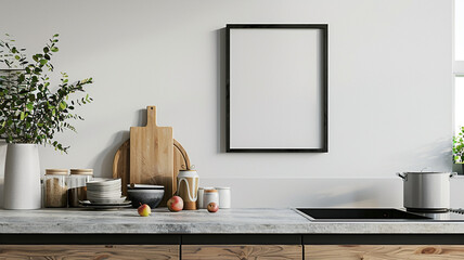 modern farmhouse kitchen with white wall with blank poster frame on the counter