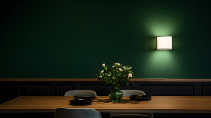 Blank green wall mock-up in the dining room with served table.