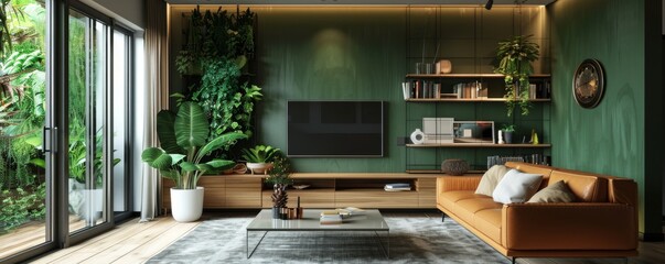 Modern elegance with this 3D-rendered living room, accentuated by a striking forest green backdrop. - obrazy, fototapety, plakaty
