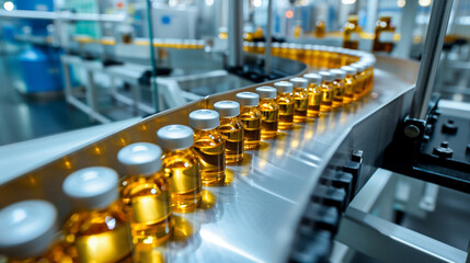 A conveyor belt with many bottles of medicine on it. The bottles are yellow and white