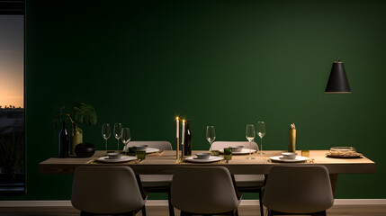 Blank green wall mock-up in the dining room with served table.