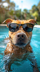 Staffordshire Bull Terrier dog in the pool