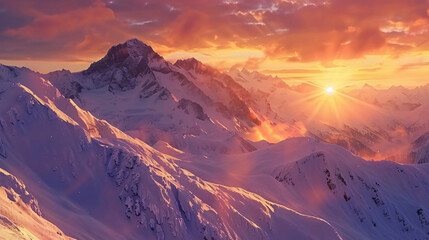 Beautiful landscape with sunrise in the snowcapped 