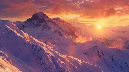 Poster Beautiful landscape with sunrise in the snowcapped  © Ashley