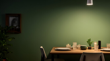 Blank green wall mock-up in the dining room with served table.