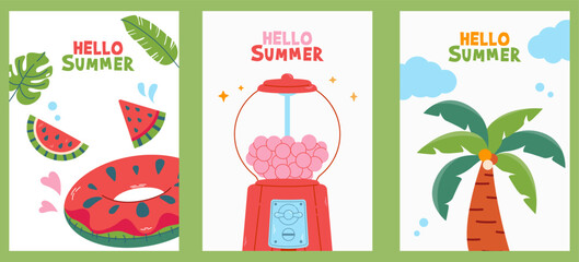 Hello summer tropical card set. Summer time vector poster set. Hello summer text collection with elements for tropical holiday vacation.