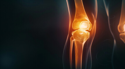 A stylized representation of a knee X-ray highlighting injury,