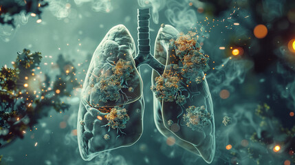 A surreal 3D animation scene of a microscopic battlefield within human lungs, where previously inhaled cigarette smoke particles join forces with invading pneumonia viruses. - obrazy, fototapety, plakaty