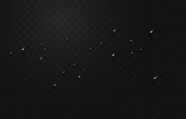 Vector drops png. Drops after rain, drops of dew. Condensation on the surface or glass. Drops on a black background PNG. - obrazy, fototapety, plakaty