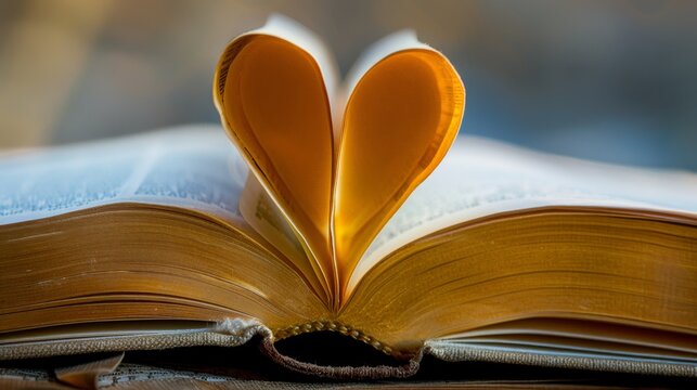Heart-shaped book with open pages. Closeup.