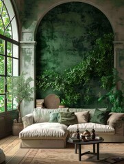 Fototapeta na wymiar Modern elegance with this 3D-rendered living room, accentuated by a striking forest green backdrop.