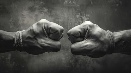 The clash of two fists on a toned background is a symbol of confrontation, fight, and domestic violence. - obrazy, fototapety, plakaty