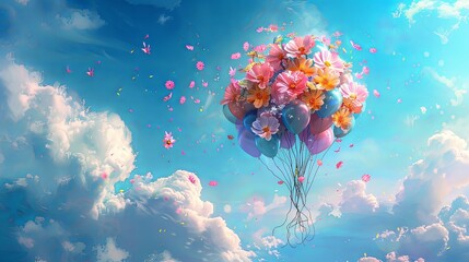Party balloons and flowers flying in the sky on bright cloudy background
