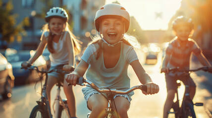 Happy children ride bicycles on a sunny street, having fun on a bikes. The concept of a happy childhood, Children's Day.