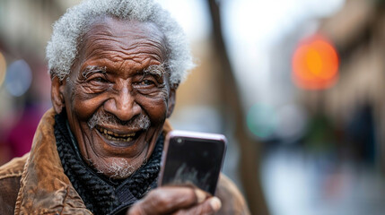 An elderly individual holding a smartphone, smiling warmly
