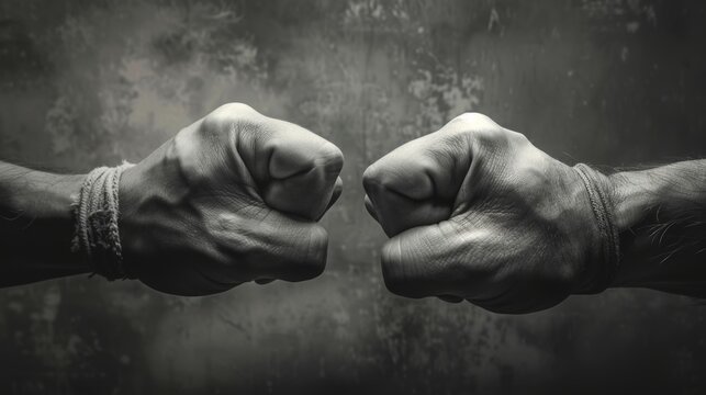 The clash of two fists on a toned background is a symbol of confrontation, fight, and domestic violence.