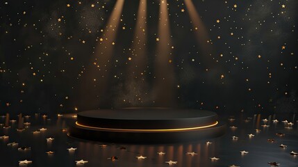 Blank black stage with star glitters and spotlight for high-end product presentation