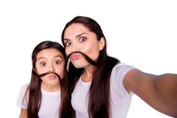 Close up photo amazing beautiful two people brown haired mom small little daughter make take selfies make moustache with curls pretend guy man male wear white t-shirts isolated bright blue background