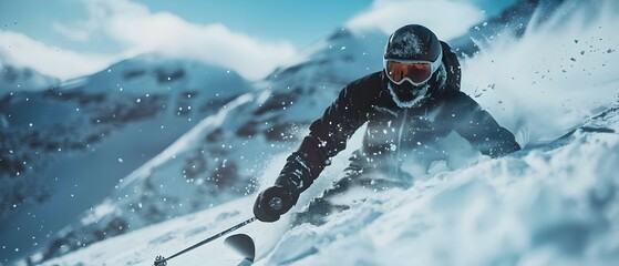 Sleek Skier Conquers Mountain Slope. Concept Winter Sports, Skiing, Mountain Adventure, Outdoor Lifestyle, Snowy Landscape - obrazy, fototapety, plakaty