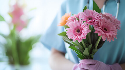 Person in blue scrubs holding a bouquet of pink gerbera daisies, with a soft-focus background.