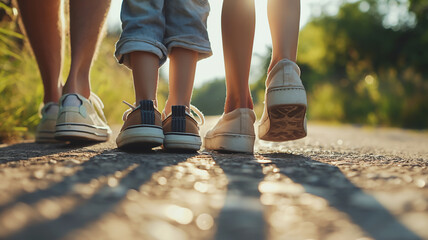 Three people walking on a sunlit path, focus on their casual shoes and legs. - obrazy, fototapety, plakaty