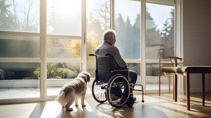 A lonely elderly senior person in wheelchair in a nursing home, sitting by the window with his dog. - obrazy, fototapety, plakaty