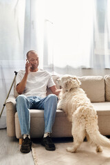 A man with myasthenia gravis converses on cell phone near his Labrador dog at home. - obrazy, fototapety, plakaty