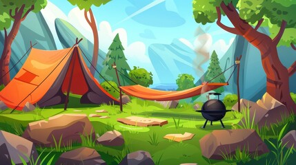 An illustration of a glamping leisure activity for weekends showing a tent, hammock, grill, grass and trees in a green natural landscape. - obrazy, fototapety, plakaty