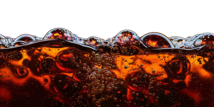 Refreshing cola flavored soda with bubbles isolated on white, transparent background
