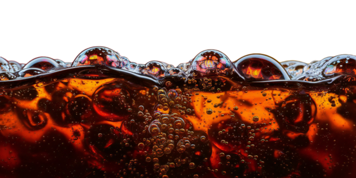 Refreshing cola flavored soda with bubbles isolated on white, transparent background