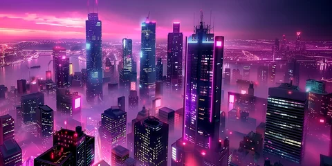 Küchenrückwand glas motiv Skyscrapers light up the sky in a vibrant purple and pink cityscape © Bonya Sharp Claw