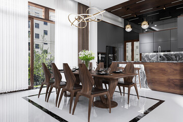 dining room interior of aesthetic style with wooden chairs and dining table