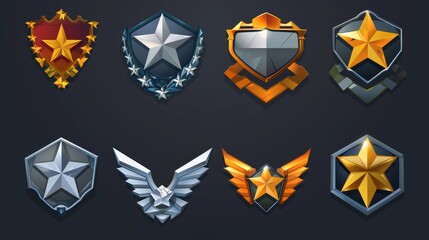 A set of military rank insignia medals with stars, chevrons, wings isolated on a black background. Gui progress symbol. Award for achievements. - obrazy, fototapety, plakaty