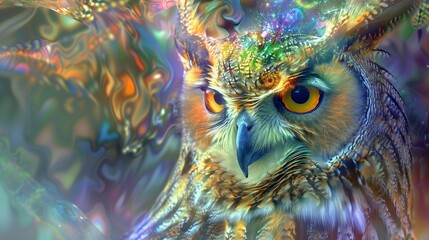 an ethereal portrayal of an abstract owl, its form illuminated by a kaleidoscope of vibrant hues in a double exposure paint effect.