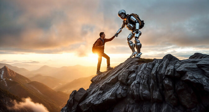A robot helps a man climb a mountain. Robotization. Concept: neural network assistance, robots helping humans achieve goals.