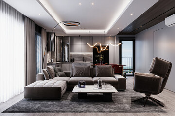 Modern luxury spacious apartment living room interior design with comfortable sofa, coffee table