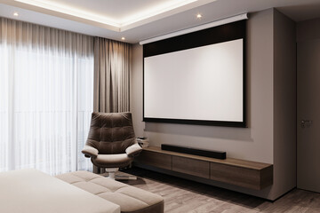 The modern cozy interior design of bedroom and console screen projector wall texture background