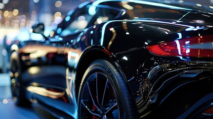 Close up of a sleek black luxury sports car's headlight, Luxury sports car showroom concept background. - obrazy, fototapety, plakaty