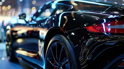 Fotobehang Close up of a sleek black luxury sports car's headlight, Luxury sports car showroom concept background. © Penatic Studio