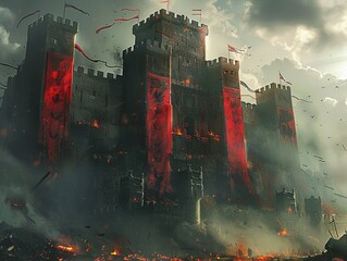 A siege on a castle with ancestral banners flying high - obrazy, fototapety, plakaty