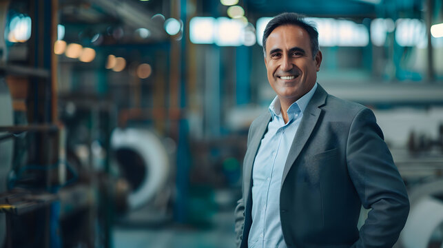 Portrait of a factory owner or manager in a business suit background warehouse. Banner industrial plant process