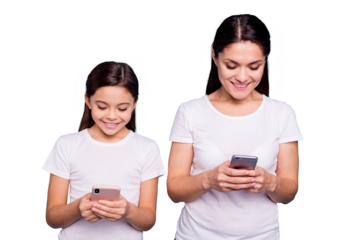 Close up photo beautiful two people brown haired mom small little daughter addicted telephones reader write sms got good news information wear white t-shirts isolated bright blue background