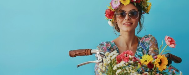 A portrait of the beautiful young brunette woman with bicycle and bouquet on the blue pastel background .