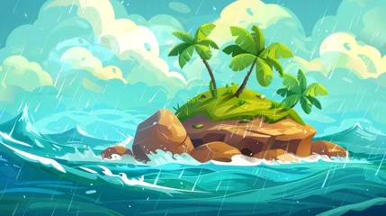 Zelfklevend Fotobehang Uninhabited island in stormy sea with rocks and palm trees, surrounded by ocean, huge waves, hurricane wind, heavy rainfall. Cartoon illustration of a natural disaster. © Mark