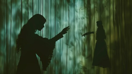 Multi-exposure image. Silhouette of woman in cloak and marionette on string. Concept of control.