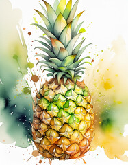 Watercolor painting of a pineapple with splashes of green and yellow