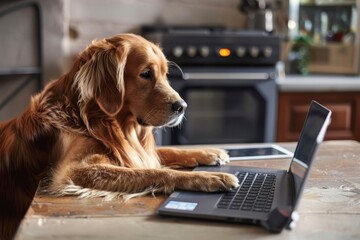 Dog sitting at a desk in front of a grey laptop. His paws are touching the keyboard as he is typing - obrazy, fototapety, plakaty