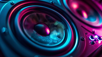 A detail of a sound speaker in neon light on black. It is close-up.